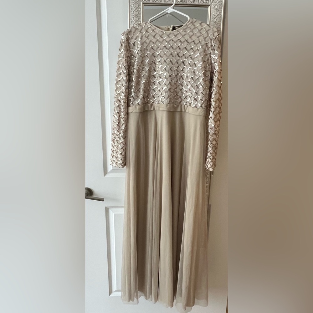 Beige - Fully Lined - Crew neck - Modest Evening Dress